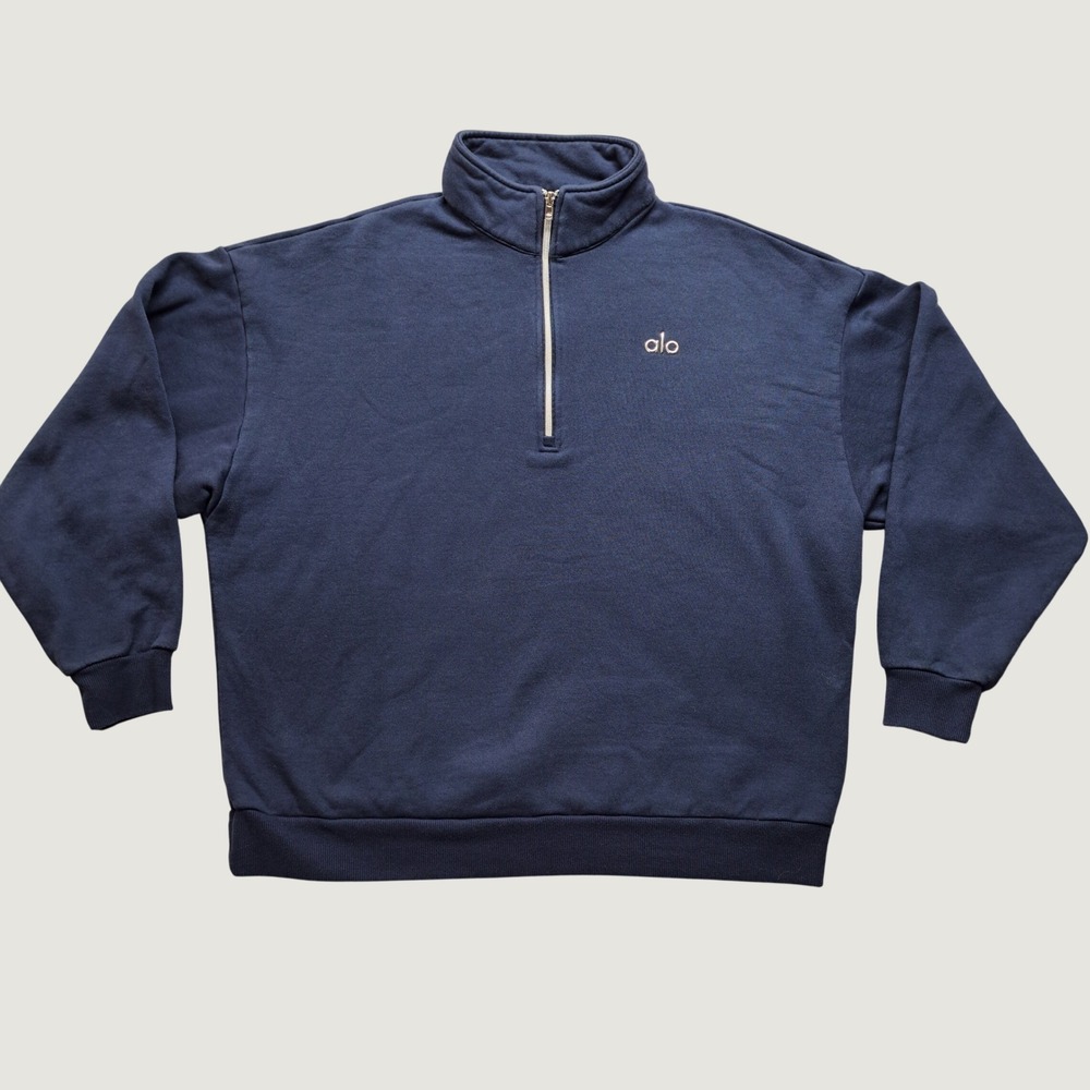 Alo Yoga Quarter Zip Pullover Women XL Navy Blue Good Relaxed Fleece Sweatshirt